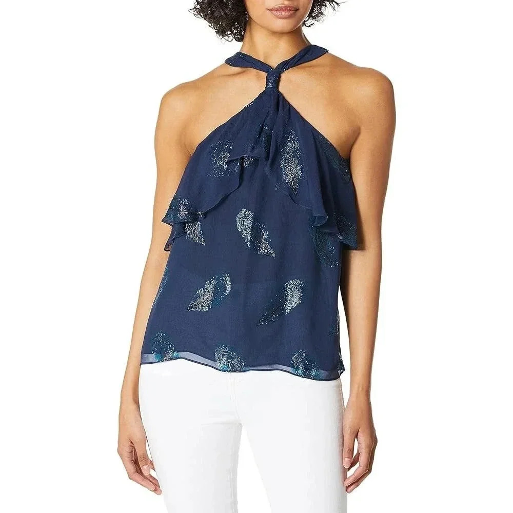 EUC $325 Ramy Brook Aviana Silk Halter Blouse - Metallic Feather